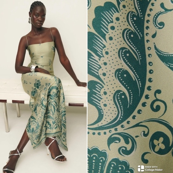 Reformation Frankies silk dress in sage border NWT US10 - Picture 1 of 6